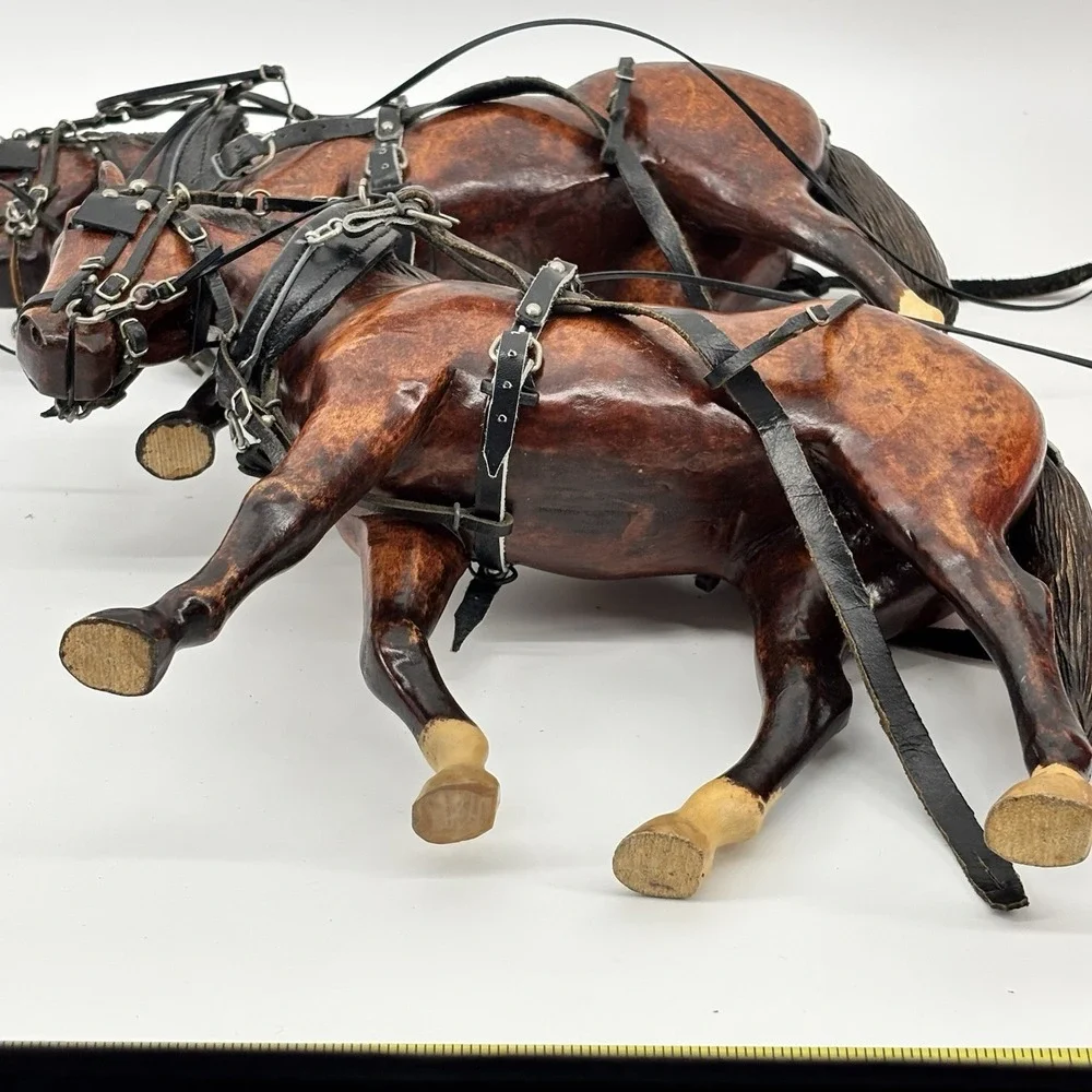 Rare Vintage Wooden Horses  With Tooled‎ Leather Bridle Reins Draft Team